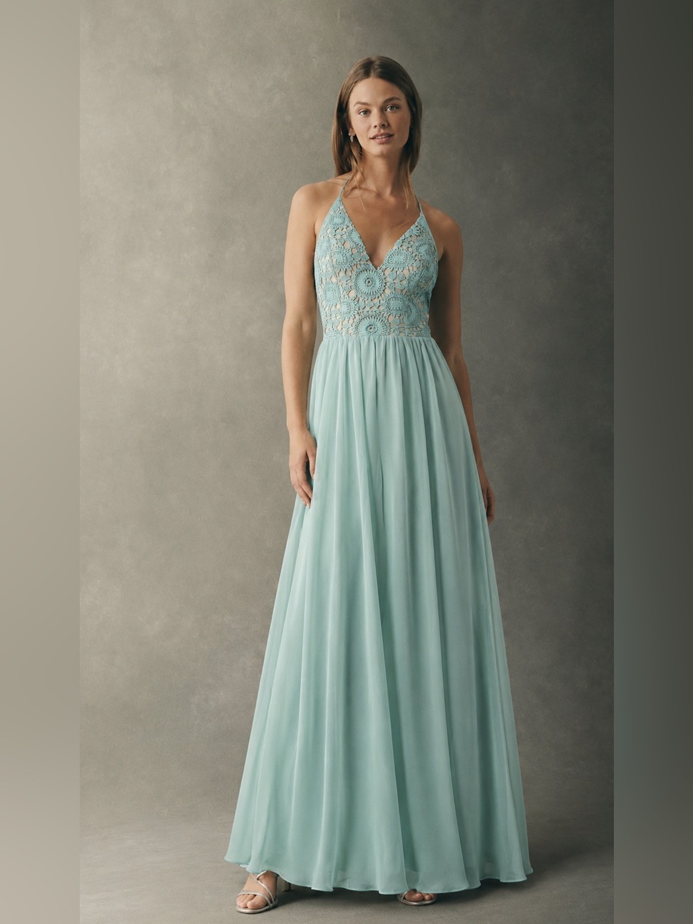NWT Sage Mint Crochet Bodice Flowy Maxi Dress Gown Medium